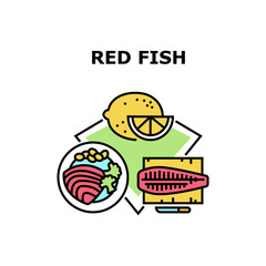 Red Fish Meat Vector Icon Concept. Red Fish Meat Fillet Preparing On Kitchen Wooden Desk For Cooking Delicious Dish With Broccoli And Beans Vegetables Spiced Lemon Citrus Color Illustration