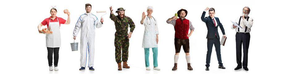 Group of people with different professions standing isolated on white studio background, Horizontal flyer, collage.