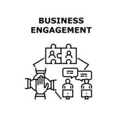 Business Engagement Vector Icon Concept. Business Engagement And Relationship With Partner, Teamwork And Communication With With Employee And Colleague. Team Work And Occupation Black Illustration