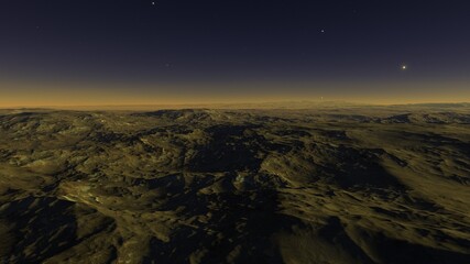 beautiful view from an exoplanet, a view from an alien planet, a computer-generated surface, a fantastic view of an unknown world, a fantasy world 3D render