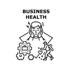 Business Health Vector Icon Concept. Manager Businessman With Headache After Heavy Work Process And Healthy Walk Exercising, Business Health And Treatment. Healthcare Employee Black Illustration