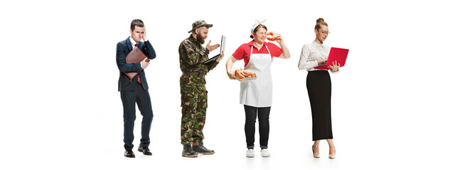 Group of people with different professions standing isolated on white studio background, Horizontal flyer, collage.