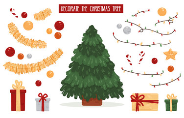 New Year's game for children. Decorate the Christmas tree. A set of vector elements, ready to print, create labels. The illustration is suitable for games, book printing, applications, education.
