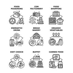 Nutrition Shopping Set Icons Vector Illustrations. Nutrition Shopping In Market, Canned And Poising Food, Energetic Drink And Confectionery, Organic Vegetable And Bakery Bread Black Illustration