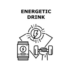 Energetic Drink Vector Icon Concept. Sportsman Drinking Energetic Drink For Getting Energy And Training Exercise With Dumbbell In Gym. Athlete Drink Metallic Package Black Illustration