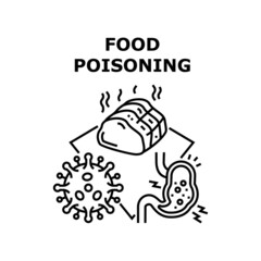 Food Poisoning Vector Icon Concept. Food Poisoning From Spoiled And Rotten Meat Product. Poisonous Unhealthy Bacteria In Nutrition Irritating Stomach. Health Problem Black Illustration