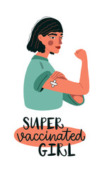 Vector illustration. Young woman with curly brown hair showing vaccinated arm with patch. Hand drawn lettering of Super vaccinated girl. Concept for getting vaccination, herd immunity. - obrazy, fototapety, plakaty