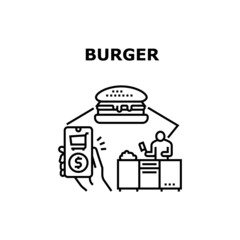 Burger Fastfood Vector Icon Concept. Burger Fastfood Ordering Online In Smartphone Application Of Restaurant. Chef Cooking Delicious Fat Hamburger On Kitchen From Raw Meat Black Illustration