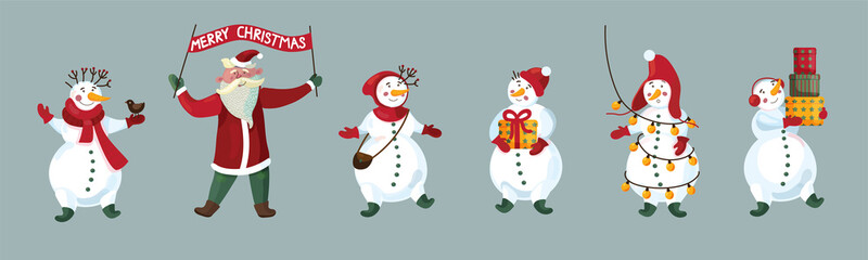 Santa Claus and cute snowmen with different  situations, clothing accessories. Happy new year banner. Vector cartoon isolated set