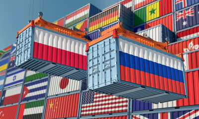 Freight containers with Russia and Poland national flags. 3D Rendering 