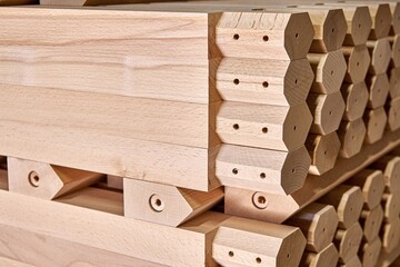 Huge stack of simple tables legs made of solid beechwood material stands in contemporary carpentry workshop extreme closeup - obrazy, fototapety, plakaty