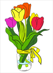 Five multi-colored tulips in a jar of water - 471051026