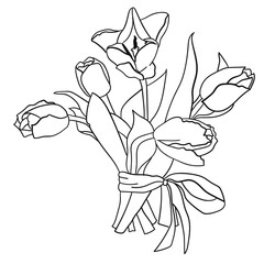 Five tulip flowers are drawn on a white background with an outline - 471051029