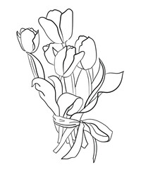 Five tulips tied with a ribbon, silhouette drawing. - 471051054