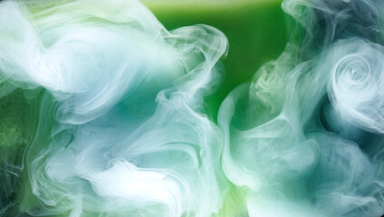 Green smoke on black ink background, colorful fog, abstract swirling emerald ocean sea, acrylic...