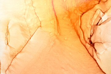 Abstract ocher ink watercolor background. Yellow orange brown paint stains and spots in water,...