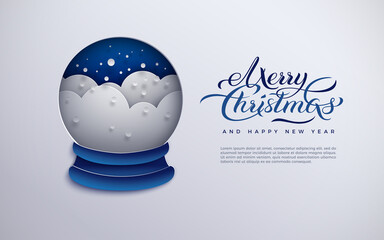 Merry Christmas and Happy New Year banner, paper cut snow globe with snowflakes on blue background. Holiday design for poster, greeting card, invitation, flyer, paper cutout style, vector illustration