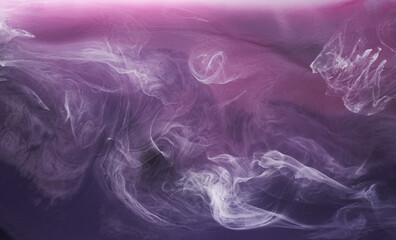 Purple smoke on black ink background, colorful fog, abstract swirling purple ocean sea, acrylic paint pigment underwater