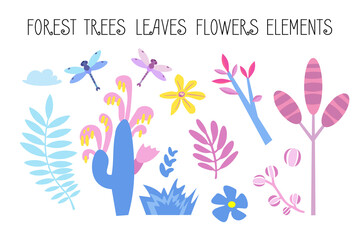 Vector set of flat illustrations. Plants, trees, leaves, flowers, elements of tropical, prehistory Dino forest. Flat cartoon vector illustration.