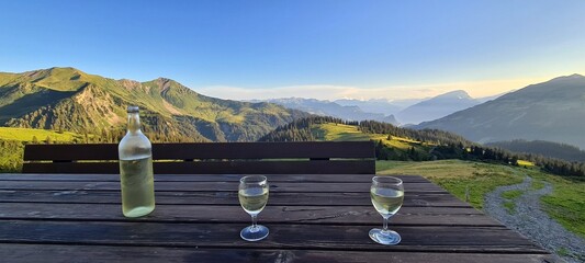 Drinking white wine with a view of Ratikon Alps, Switzerland