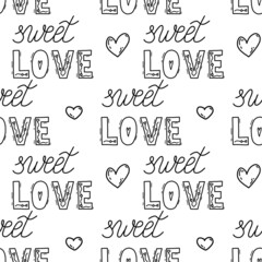Black and white vector silhouette background. Love theme. Pretty seamless pattern