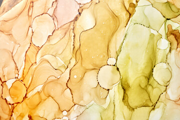 Abstract ocher green watercolor background. Yellow orange brown paint stains and spots in water, luxury fluid liquid art wallpaper, autumn colors mix