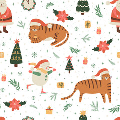Christmas tiger pattern. New Year tiger print. Cute childish Santa Claus character, tiger, Christmas tree, gifts, snowflakes, branches, flowers Christmas background. New Year 2022 vector illustration.