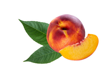 Fresh nectarine or peach with slice and leaves isolated on white background.