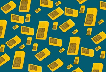 Background, banner and wallpaper for design. Yellow sim card at different angles, chaotic on a blue background. Pattern. 3d - obrazy, fototapety, plakaty