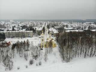 Aerial view of the church in winter (Murygino, Kirov region, Russia)