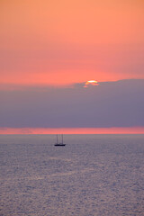 View on a beautiful sunset on the sea and a boat, Fuerteventura.