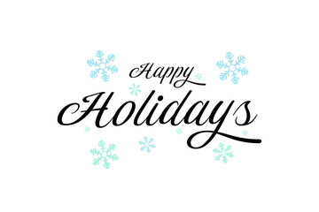 Illustration with the text Happy Holidays with different typography in black on a white background, with decorative snowflakes in red and blue, concepts