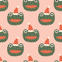 Christmas doodle frogs childish cartoon doodles boho naive funky handdrawn style art seamless pattern vector