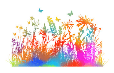 Fototapeta na wymiar Silhouette of Rainbow grass. Multicolored flowers and butterflies. Vector illustration