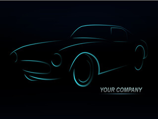 Silhouette of car with burning lights on a black background. illustration.ESP10