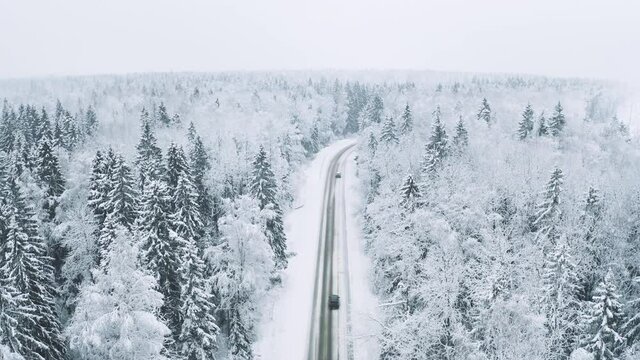 Aerial view of road with car in winter snow covered pine forests. 4k video from above