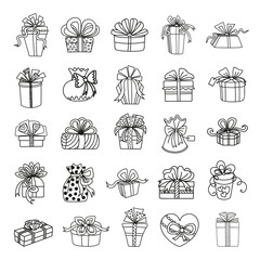 Naklejka premium Collection of monochrome illustrations of gift boxes in sketch style. Hand drawings in art ink style. Black and white graphics.