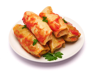 Portion of cabbage rolls stuffed with ground beef and rice with sour cream on a plate