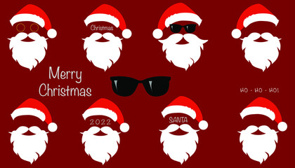 Santa Claus in a red cap and sunglasses with a white mustache and beard. Christmas Santa Mask
New Year set. Vector illustration isolated