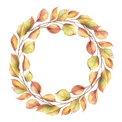 Wreath of autumn yellow leaves isolated on white background.