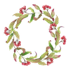 Watercolor illustration. Wreath of autumn leaves rowan berry. - 471055820