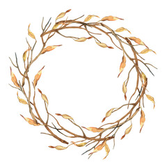 Wreath of dry brunch yellow leaves isolated on white background.