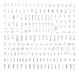Collection of perfectly linear icons of fasteners and screws. - obrazy, fototapety, plakaty