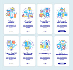 Intellectual property law onboarding mobile app page screen set. Copyrighted works walkthrough 4 steps graphic instructions with concepts. UI, UX, GUI vector template with linear color illustrations
