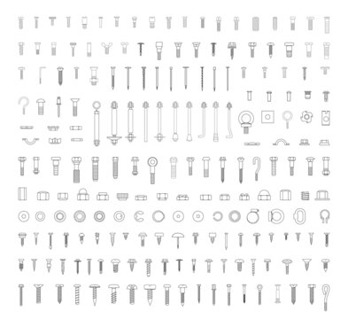 Collection of perfectly linear icons of fasteners and screws.