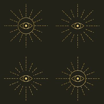 Set of magic eyes with golden lines, vector illustration. An object of worship, akultichm and spirituality. A mythical symbol, an all-seeing eye.