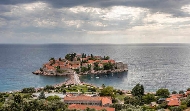 View of Sveti Stefan, a small islet on the Adriatic coast in Montenegro near Budva, Montenegro.