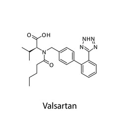 Valsartan molecular structure, flat skeletal chemical formula. Angiotensin receptor blocker drug used to treat Hypertension, Heart failure, CAD. Vector illustration.