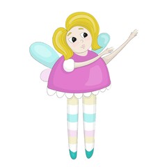 Cute funny dressed fairytale cartoon fairy with wings behind her back. Vector illustration