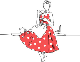 Woman in the kitchen with a cup of hot drink. The girl is drinking tea. Teapot tea and a beautiful drawing girl on the black-white background. The woman is resting with tea. Vector illustration